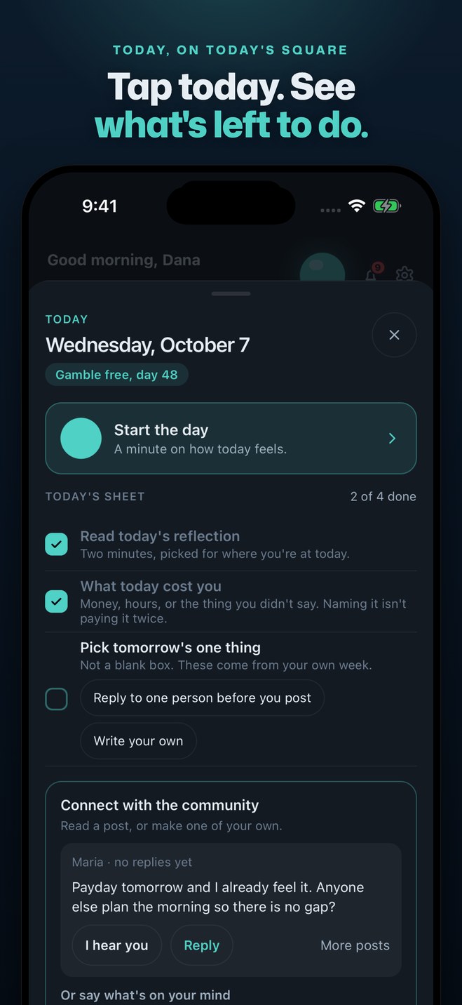 Tapping today opens what's left: start the day, today's sheet, and a community post to answer or one of your own