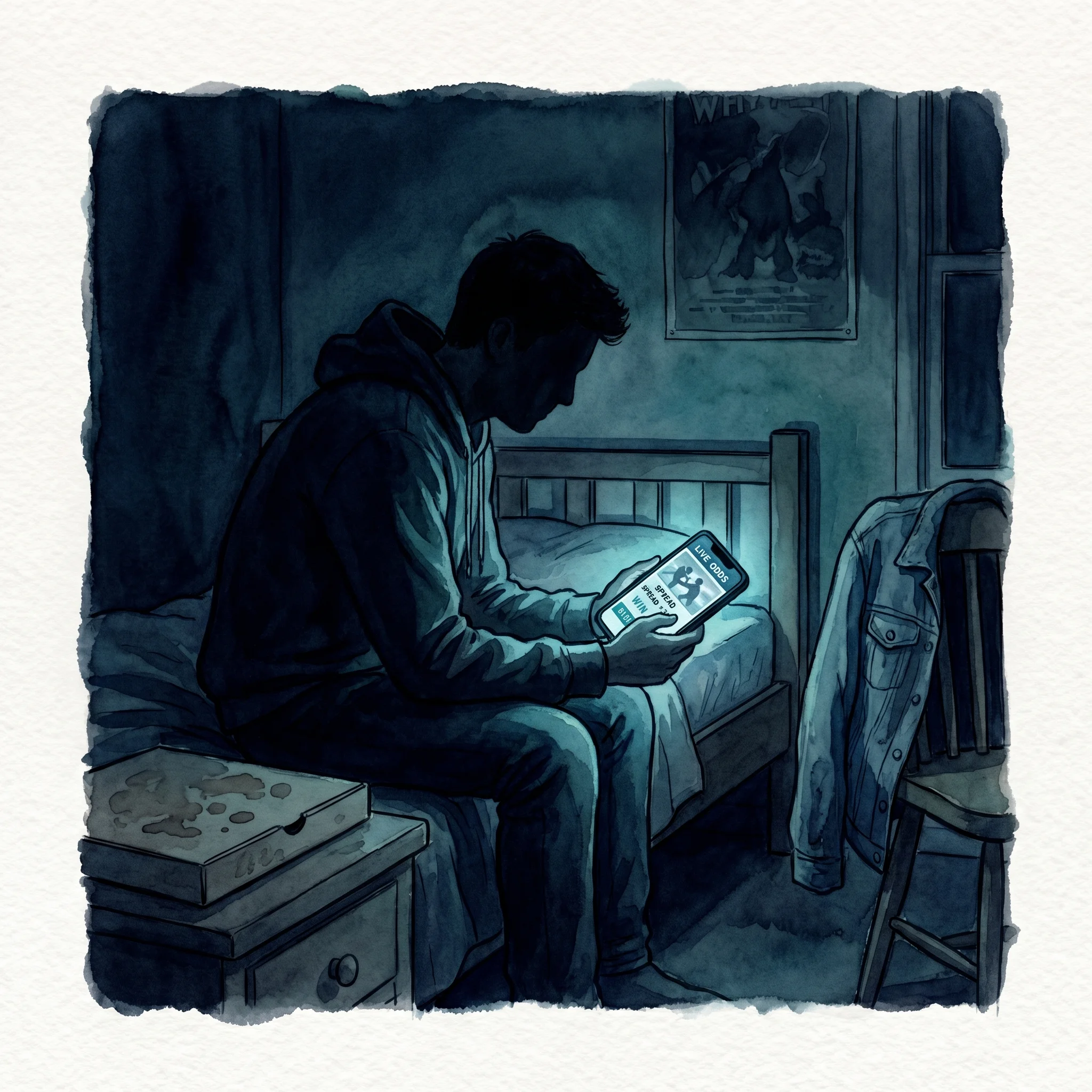 A young adult, maybe nineteen, sits on the edge of a bed in dim light checking a <a href=