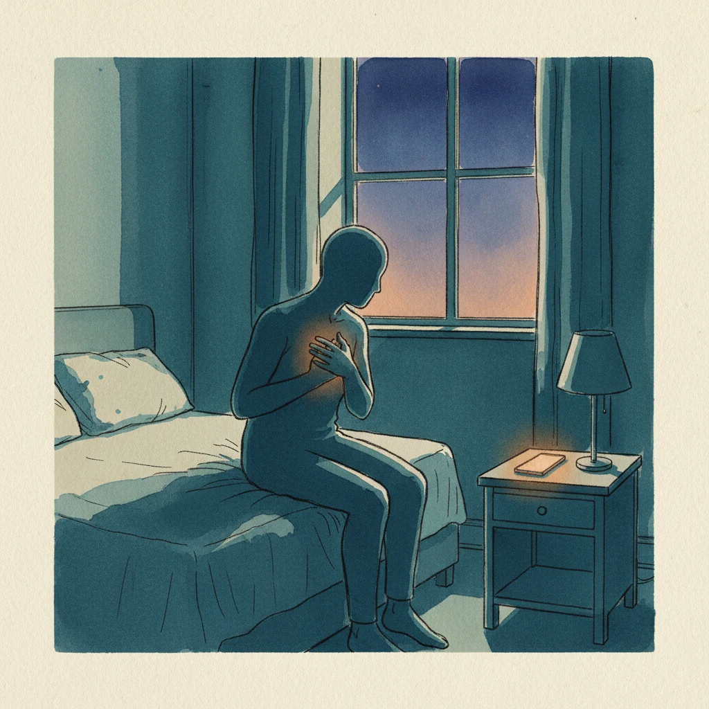 A watercolor scene in deep indigo and teal: an anonymized figure sits on the edge of a dim bedroom at twilight, one hand pressed to the center of their chest, a phone face-down on the nightstand glowing faintly. The moment of catching an urge before the action.