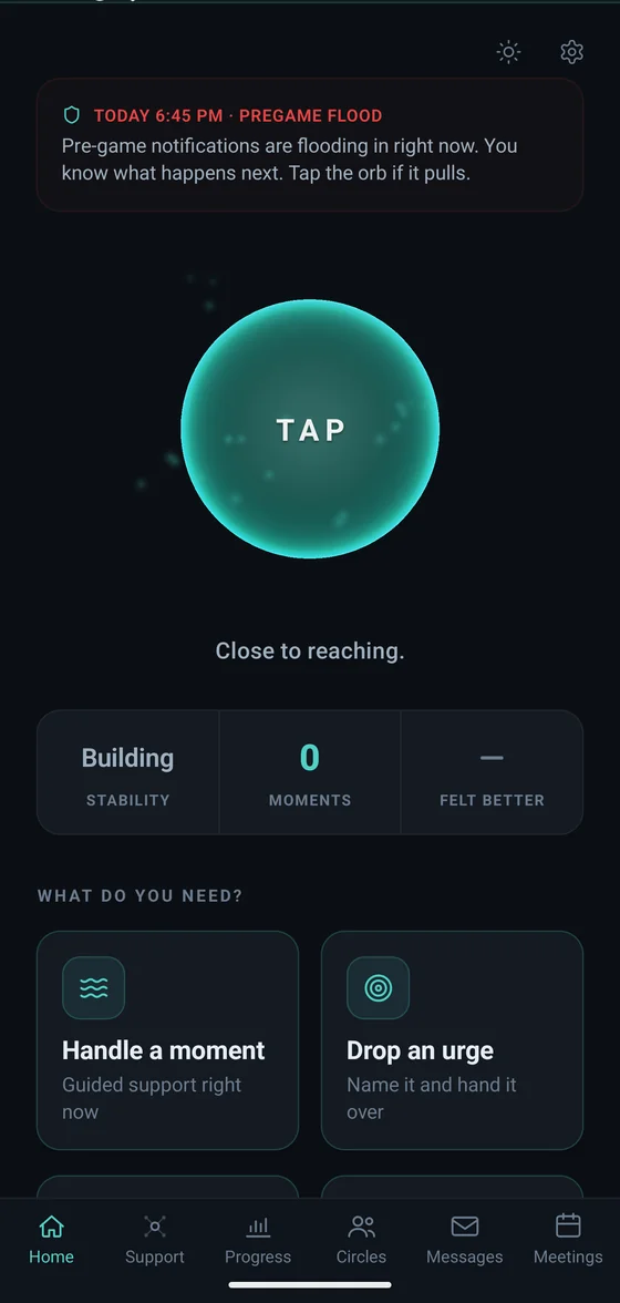 Cope Compass app dashboard showing the cosmic orb and a pre-game flood alert