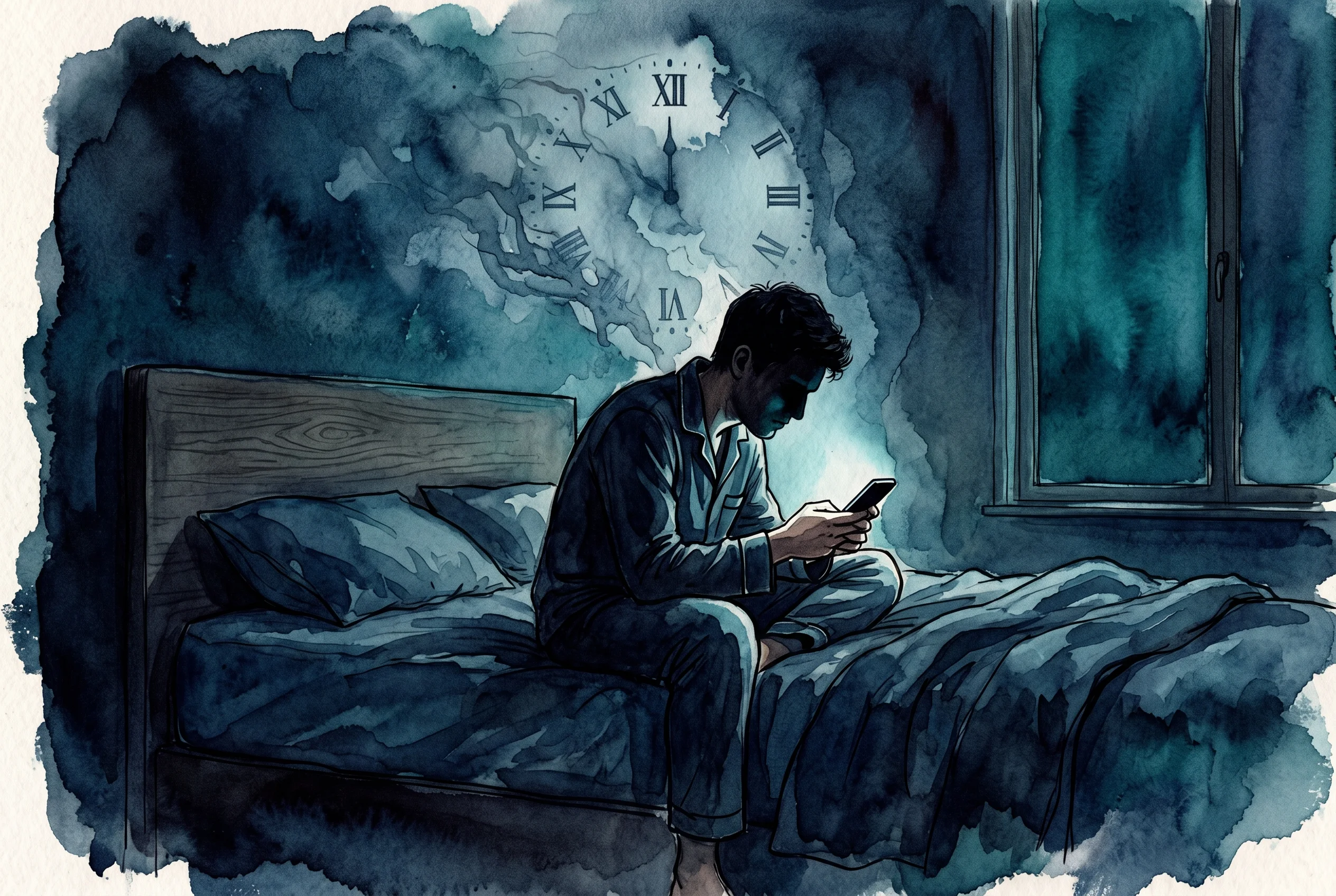 A man sits on the edge of his bed at night, face lit only by his phone, with a ghostly clock face dissolving in the dark behind him. Watercolor illustration in deep navy and teal tones.