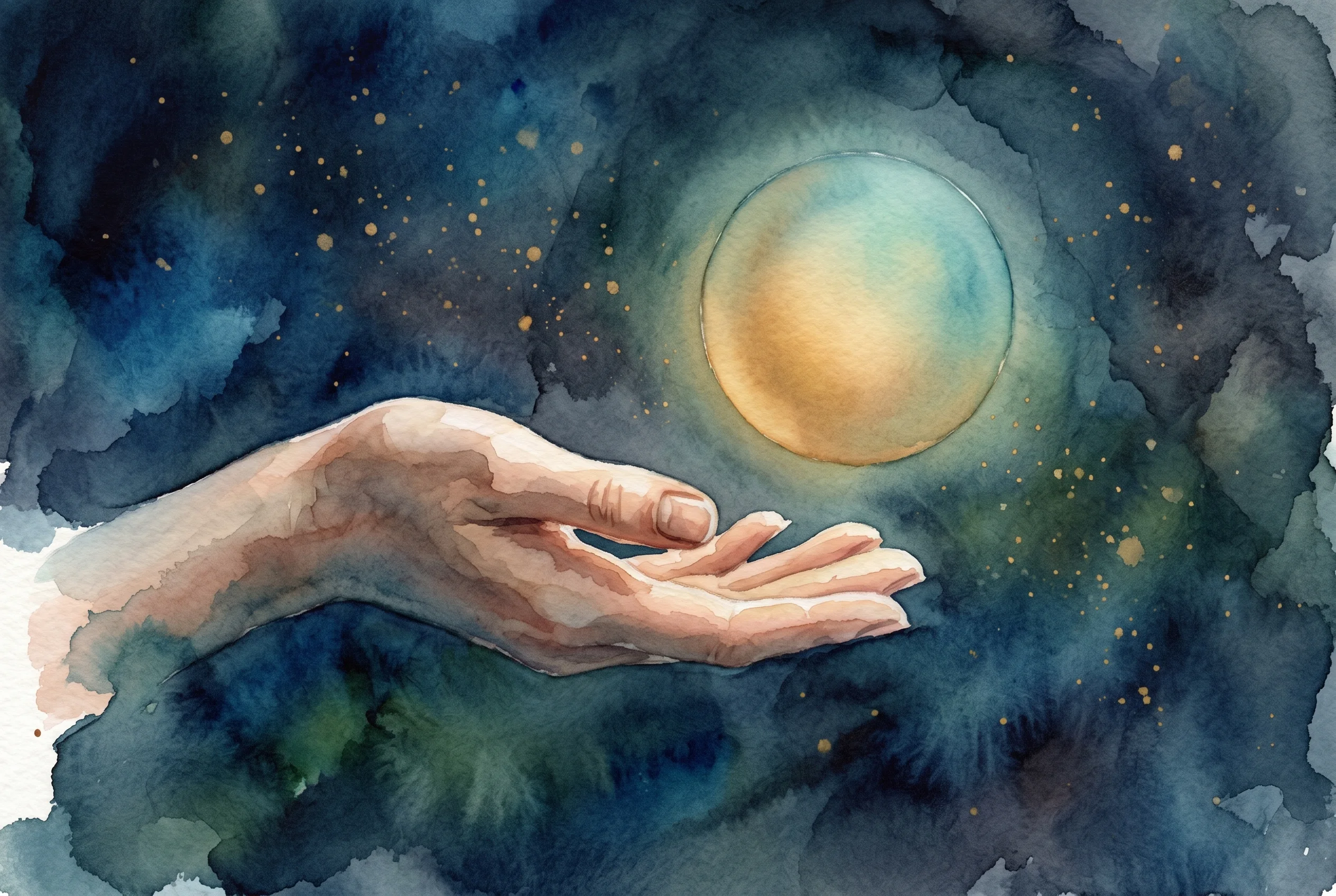 A single open hand reaches gently toward a softly glowing teal-and-gold orb floating in a dark starry space. Watercolor illustration in the same navy and teal palette as the hero image.