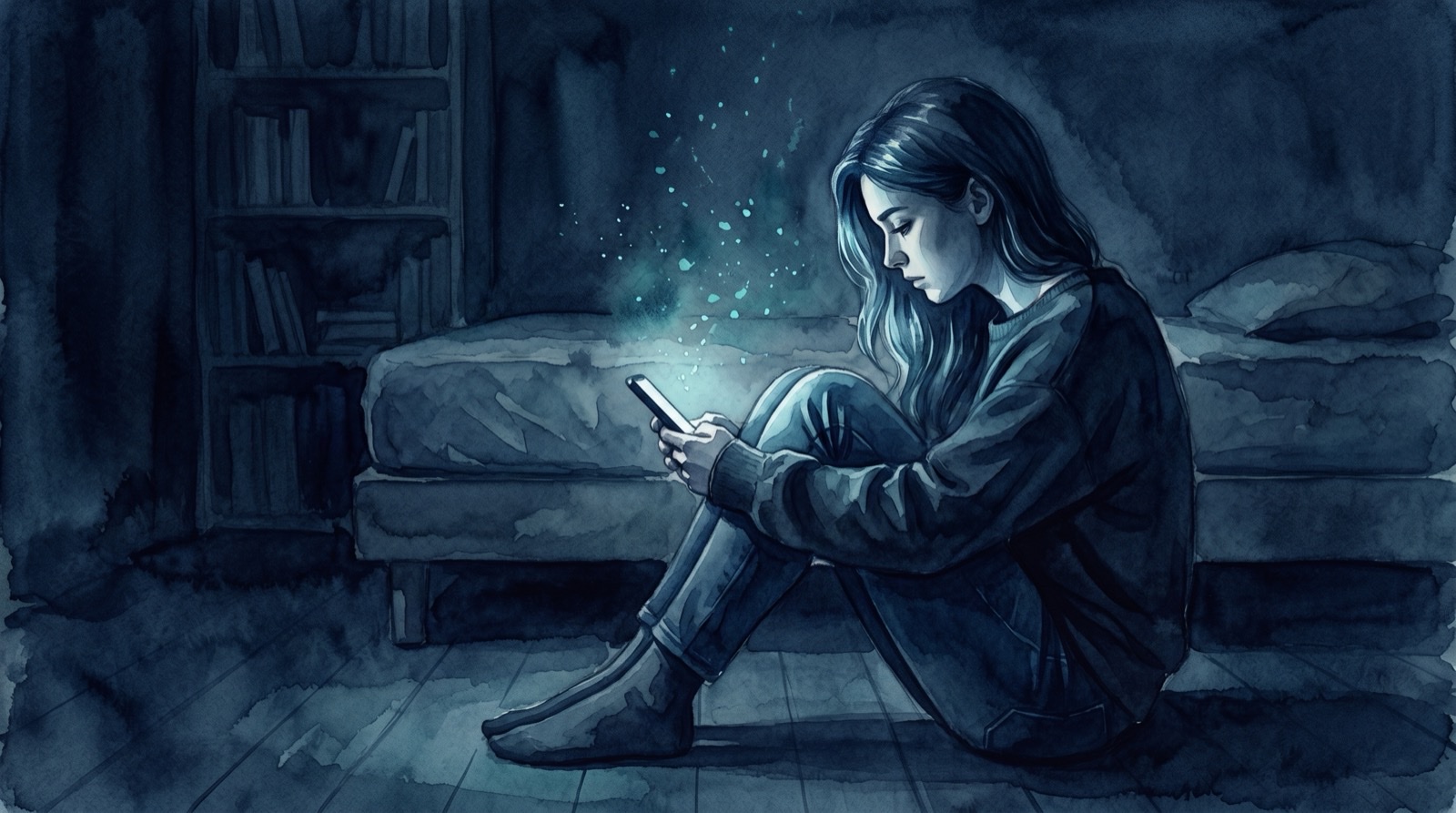 A young adult sits alone on the floor of a dark bedroom at night, knees drawn up, face lit only by the glow of a phone, the cold light breaking apart into drifting particles of teal light. Watercolor illustration in deep navy and teal.